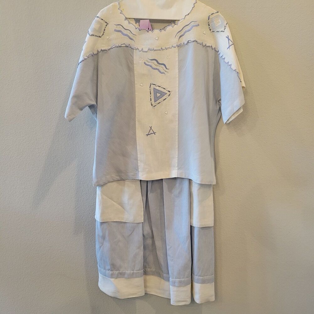 Vintage Mercedes Adrienne Co Embroidered Blouse & Skirt Linen 90% White Blue S4